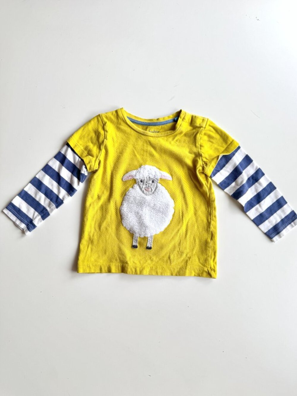 Unisex BABY BODEN Yellow Striped Sleeve Cotton Fleece Sheep T-Shirt, Size 3-4